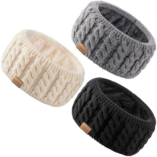 Sofier Women's Winter Headbands - 3 Pack Fleece Lined Ear Warmers (Black, Grey, Beige)