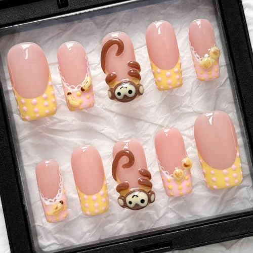 Handmade 3D Monkey Press On Nails - Medium Square French Tip Reusable Set