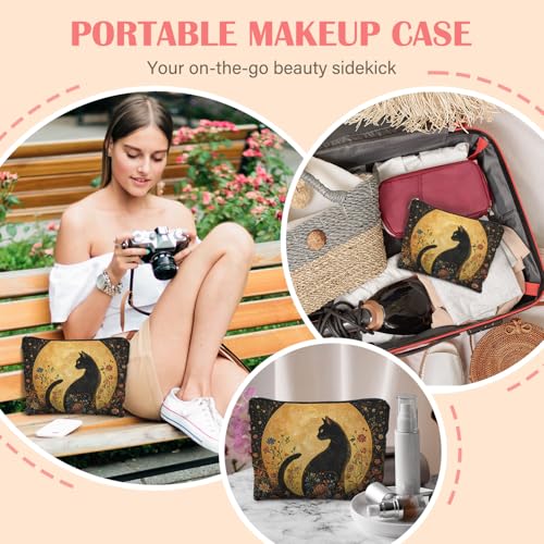 Witchy Cat Makeup Bag for Women - Black Linen Cosmetic Pouch for Travel