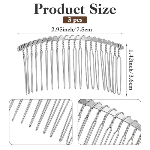 3-Piece Silver Veil Comb Set with 20 Extra-Long Teeth