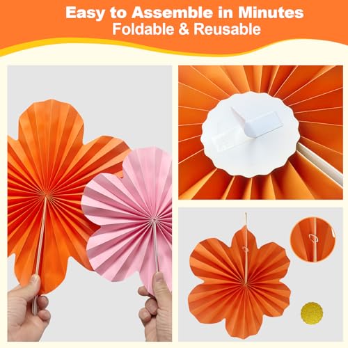 9 Pack Pink & Orange Paper Fans for Party Decor - Wedding, Birthday, Baby Shower