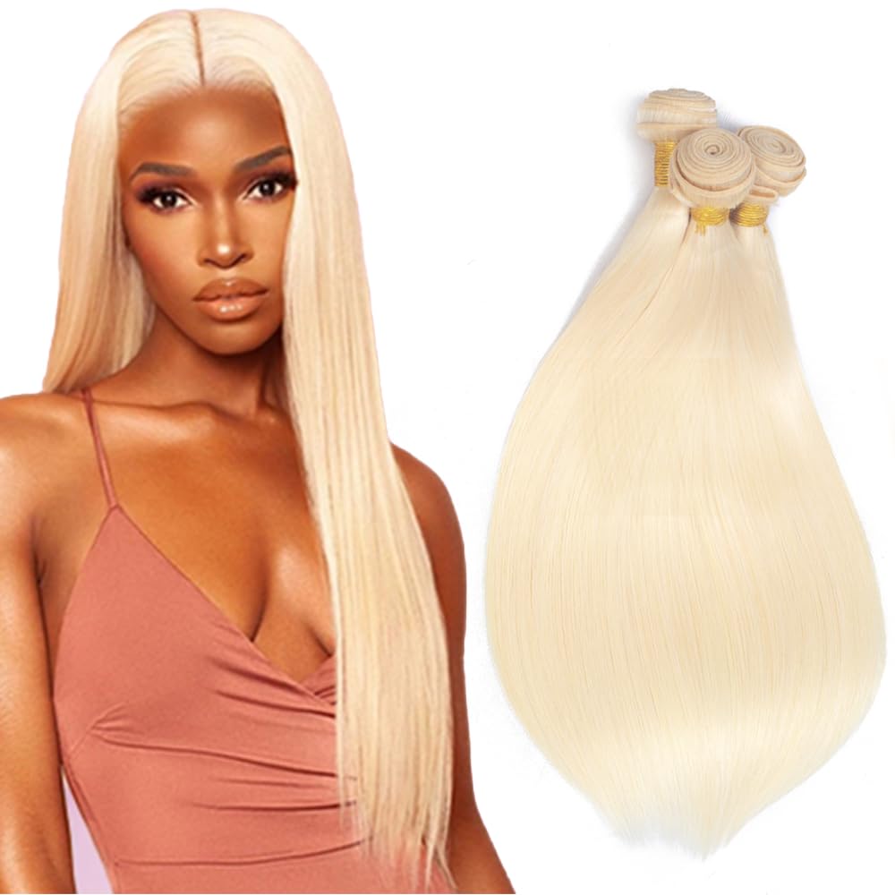 Auokmar 613 Bundles Human Hair 613 Blonde Straight Bundles 18 18 18 inch Double Weft 3 Bundle Blonde Human Hair Bundle 300g