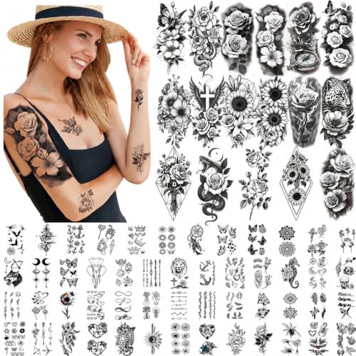 Flower Temporary Tattoos Set - 92 Designs for Adults & Kids