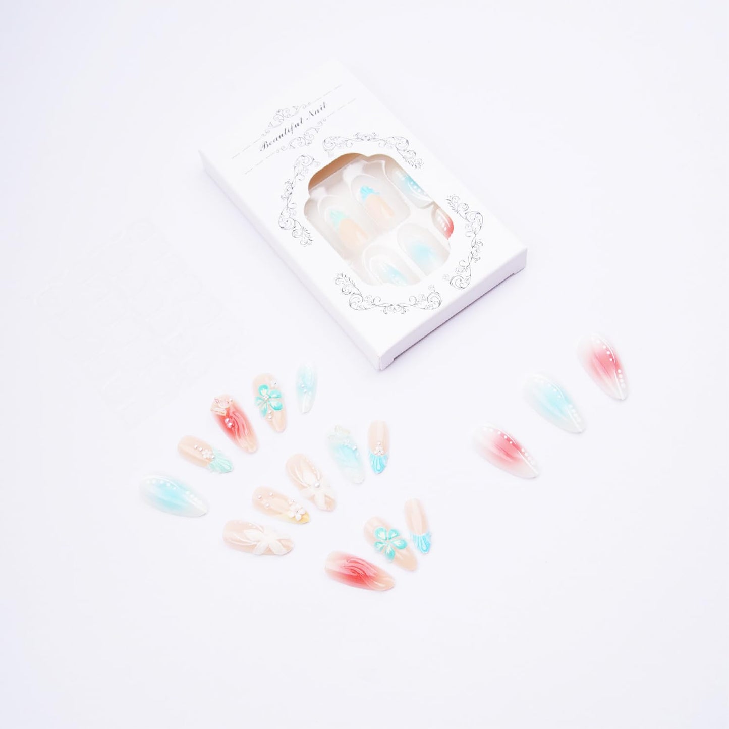 24pcs Summer Press-On Nails | Medium Almond Shape with 3D Flower & Butterfly Designs - Gradient Full Cover Acrylic