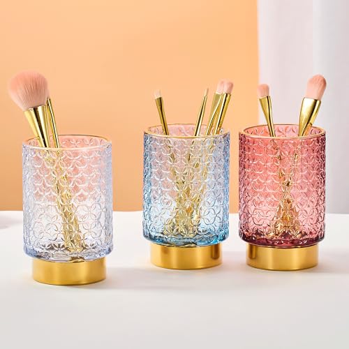 Vintage Glass Makeup Brush Holder with Gold Metal Base - Desk Organizer