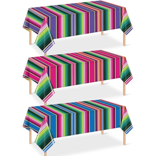 Mexican Fiesta Tablecloths - 3 Pack Disposable Striped Table Covers, 108x54 Inch