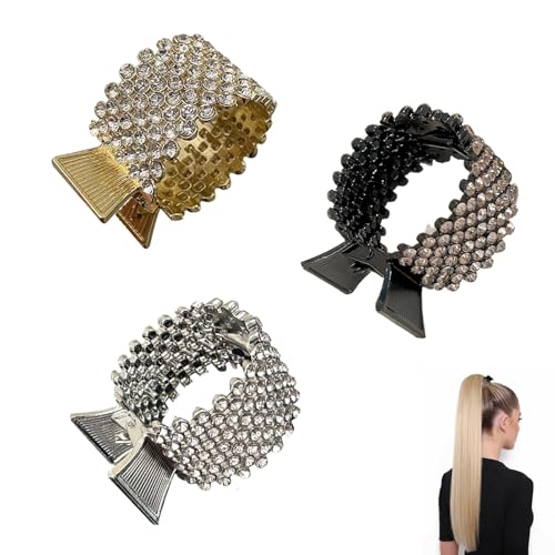 3PCS Alloy Ponytail Clips with Rhinestones - Black, Silver, Gold