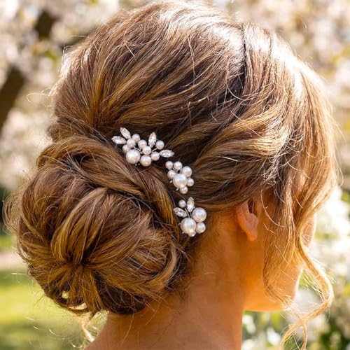 HEREAD Pearl Bride Hair Pins – Crystal Bridal Headpiece, Silver (Pack of 3)