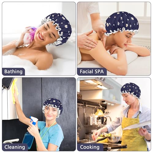 Meliya Daisy Blue Waterproof Shower Cap for Women - Dual-Layer Elastic Hair Cover