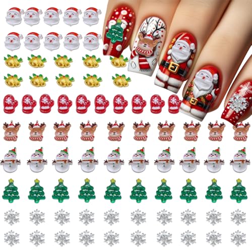 FJSMTOP Syle-7 80Pcs 3D Christmas Nail Charms Set - Santa, Snowman, Deer, Tree, Snowflake