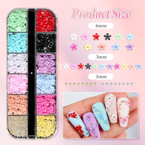 CESUSME 3 Boxes Bow Flower Nail Charms - 3D Color Flower & Bow Nail Art Decorations, S1