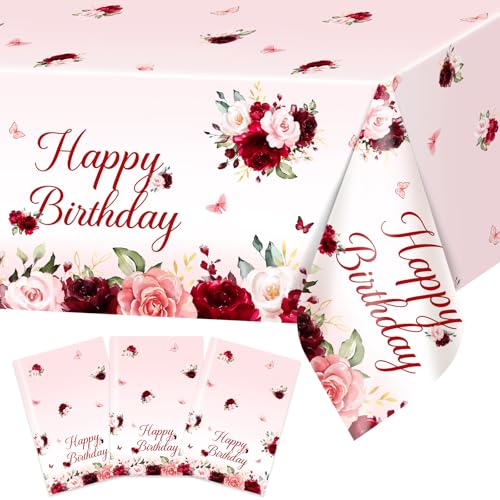 Burgundy Floral Tablecloths - 3 Pack 108x54 inch for Birthday Parties