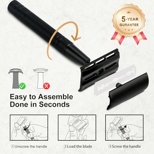 Matte Black Safety Razor with Stand for Men - Reusable Single Blade