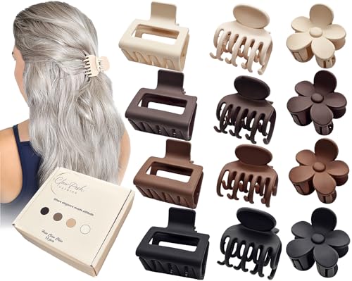 Clawposh 12-Pack Small Hair Clips for Women - Neutral Matte Mini Claw Clips for Thin & Short Hair, Rectangle & Flower Styles, 1.5-2 Inch, Variation Khaki Beige Brown Black