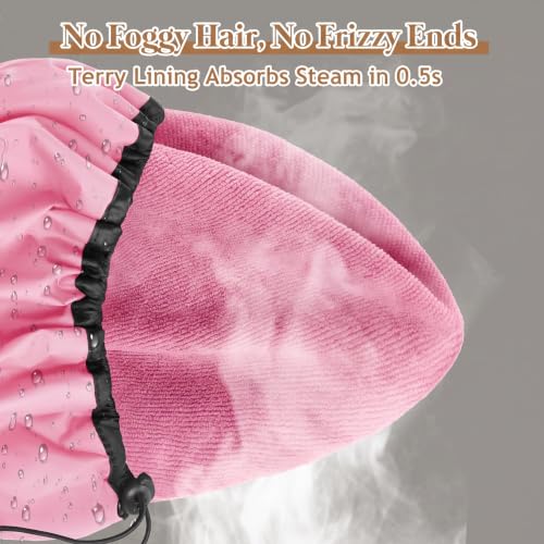 SHEOMERN Pink XX-Large Adjustable Shower Cap - Waterproof & Soft Terry Lined for Long Hair, Braids, Dreadlocks
