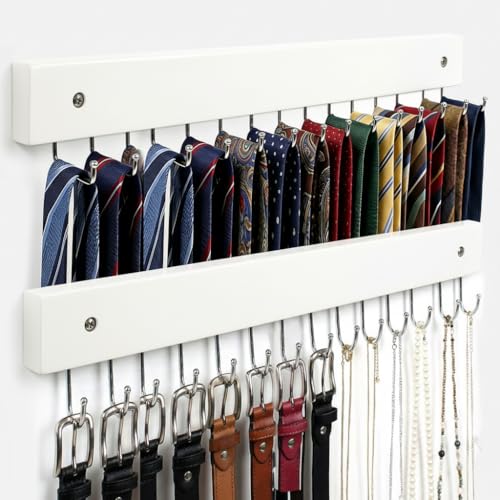 2-Pack Wall-Mounted Wooden Belt & Tie Rack Organizer with 28 Hooks