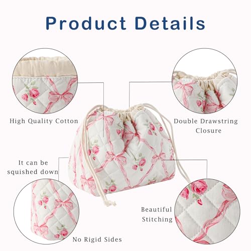 UEKEBOAG Pink Bows Cotton Quilted Drawstring Makeup Bag - Large, Foldable, Stylish Cosmetic Organizer