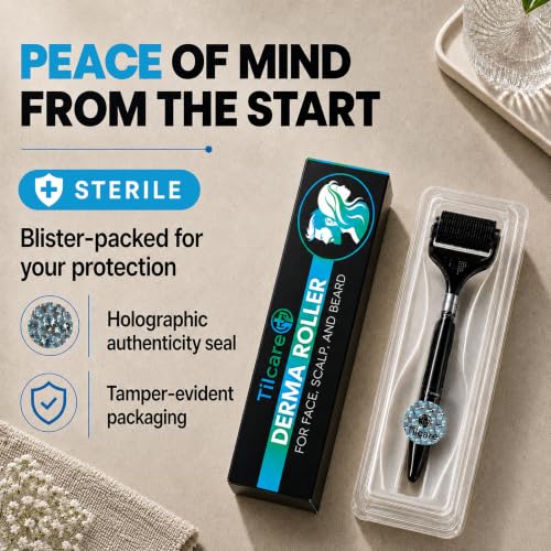 Tilcare 2-Pack Sterile Titanium Beard & Hair Derma Roller 0.25mm - Painless Microneedling for Facial & Scalp