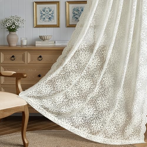 MIULEE Vintage Floral Lace Curtains - 2 Panels, Ivory 52" x 63"