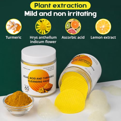 BRIGHTJUNGLE Kojic Acid & Turmeric Cleansing Pads 60 Count for Face & Body