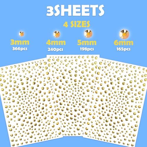 Gold Face Gem Stickers for Rave & Festival Makeup - 3 Sizes