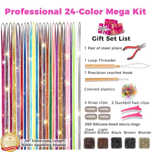 Hair Tinsel Kit with Tools, 24 Colors Fairy Hair Extensions, 9000+ Strands