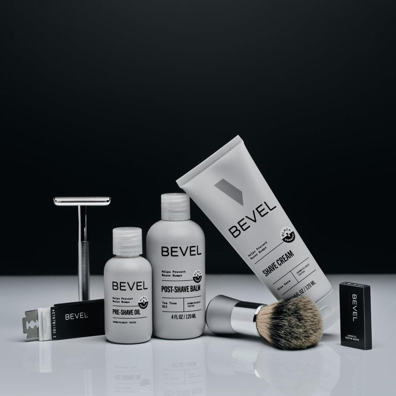 Bevel Shaving Kit for Men, Includes Safety Razor with 40 Replacement Blades, Luxury Shaving Brush, Pre Shave Oil, Shave Cream and Balm (Packaging May Vary)