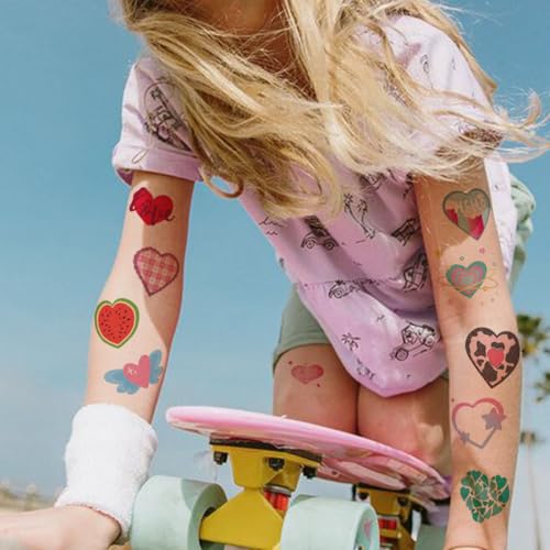 CHARLENT Glitter Heart Temporary Tattoos for Girls & Women - Set of 74 Styles