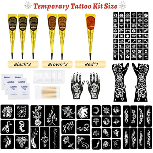 ZPTYCHZ 95 PCS Temporary Tattoo Stencil Kit - 6 Inks (3 Black, 2 Brown, 1 Red) with Gloves & Wipes