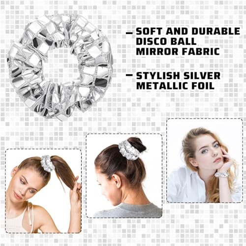 Lyrow 12 Pack Silver Disco Sequin Hair Scrunchies - Party Accessories