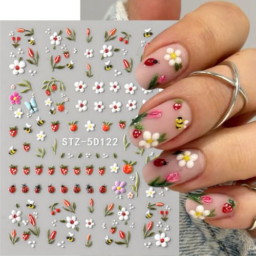 5D Summer Nail Stickers - Floral Bee & Ladybug Decals (3 Sheets)