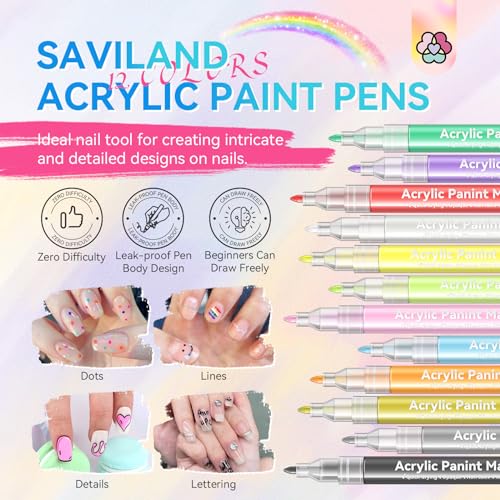 SAVILAND 12-Color Nail Art Pens Set - 0.7mm Fine Tip Acrylic Nail Polish Pens