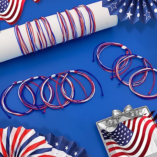 4th of July American Flag String Bracelets - 15 Pack Adjustable