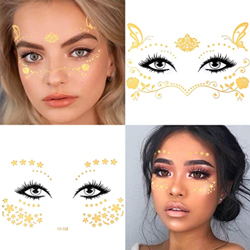 Uranian 2-Fantastic Gold & Metallic Face Tattoo Stickers for Women Carnival Halloween