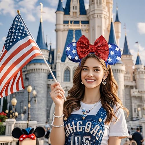 Roffiy Star 4th of July Headband – Red Glitter Bow, Blue Ears with White Stars