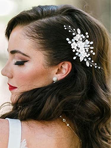 Latious Silver Flower Pearl Bridal Hair Clip with Rhinestones