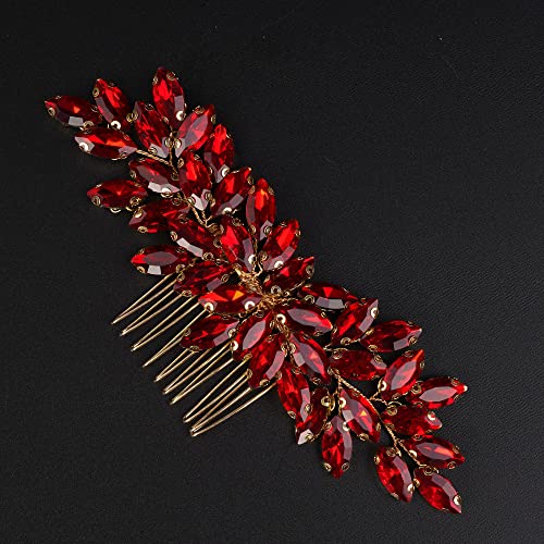 Teyglen Red Rhinestone Bridal Hair Comb Wedding Accessories for Women & Girls