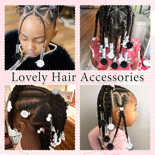 Venofen 60Pcs Black & White Braids Beads & Flower Barrettes for Hair - Dreadlock Accessories (Black & White)