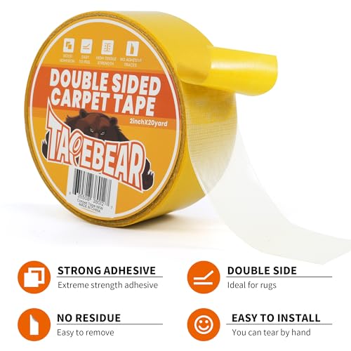 TAPEBEAR Double Sided Carpet Tape - 2 Inch x 20 Yards, Heavy Duty, Residue-Free Gripper for Rugs and Floors
