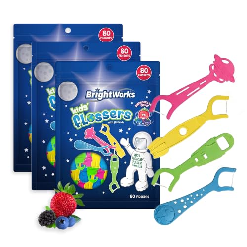 BrightWorks Kids Space Floss Picks, Blue - 240ct Fluoride Fun