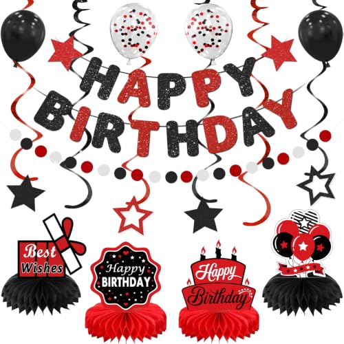 Red & Black Birthday Decoration Set for All Ages - 22 Balloons, Banner, Swirls & More