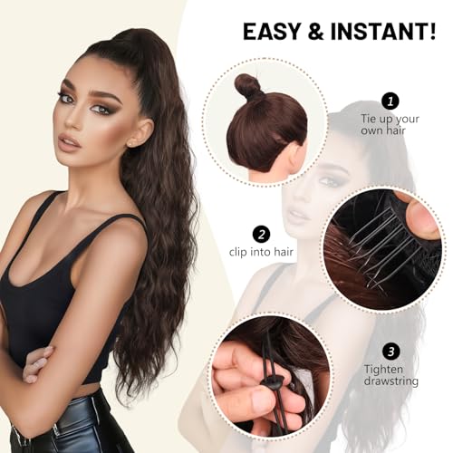 LEEONS 26 Inch Black Wavy Drawstring Ponytail Extension for Women