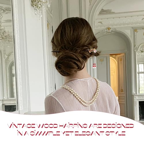 BLMHTWO Retro Wooden Hair Chopsticks for Women - 2 Pieces with Flower Tassels