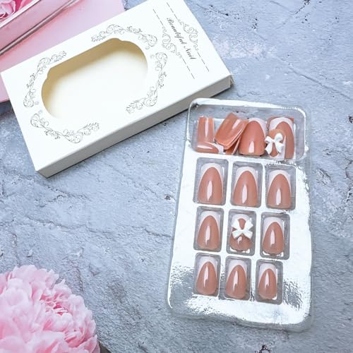 24 Pcs Bow French Tip Press On Nails - Short Square Design