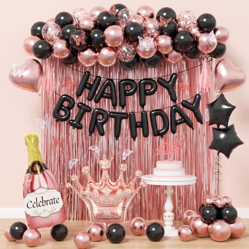 Rose Gold & Black Birthday Party Decorations Set - 60-Piece Kit