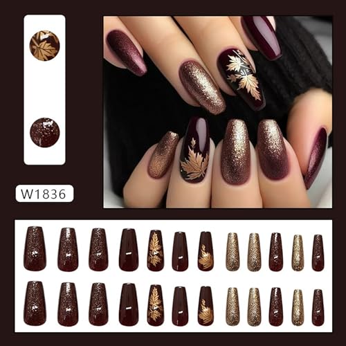 Gold Fall Maple Leaf Press on Nails Medium Coffin 24 Pcs Autumn Thanksgiving