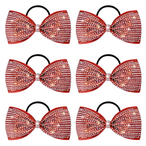 DEEKA 6-Pack Red Glitter Tailless Cheer Bows with Rhinestones
