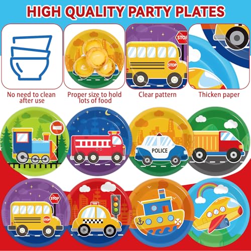 48-Pack Transportation Paper Plates - 7-Inch Car Birthday Party Tableware