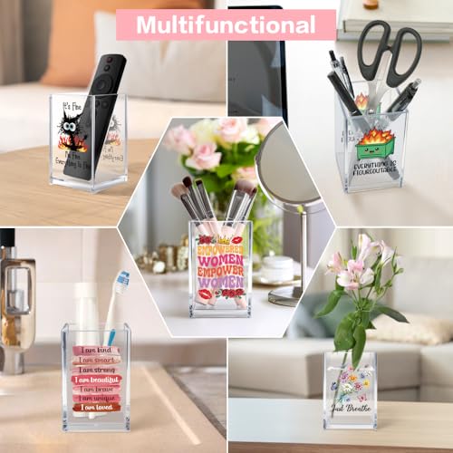Vgrti Acrylic Pen & Makeup Brush Organizer - Double-Sided Desk Holder, Women's Rights Gift