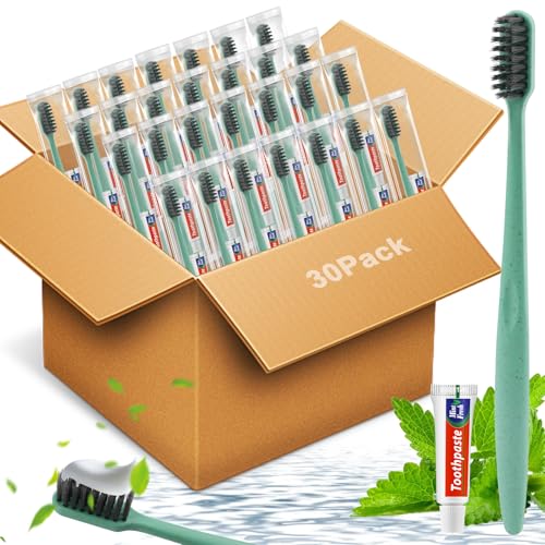 30 Pack Disposable Toothbrush and Toothpaste Set, Individually Wrapped